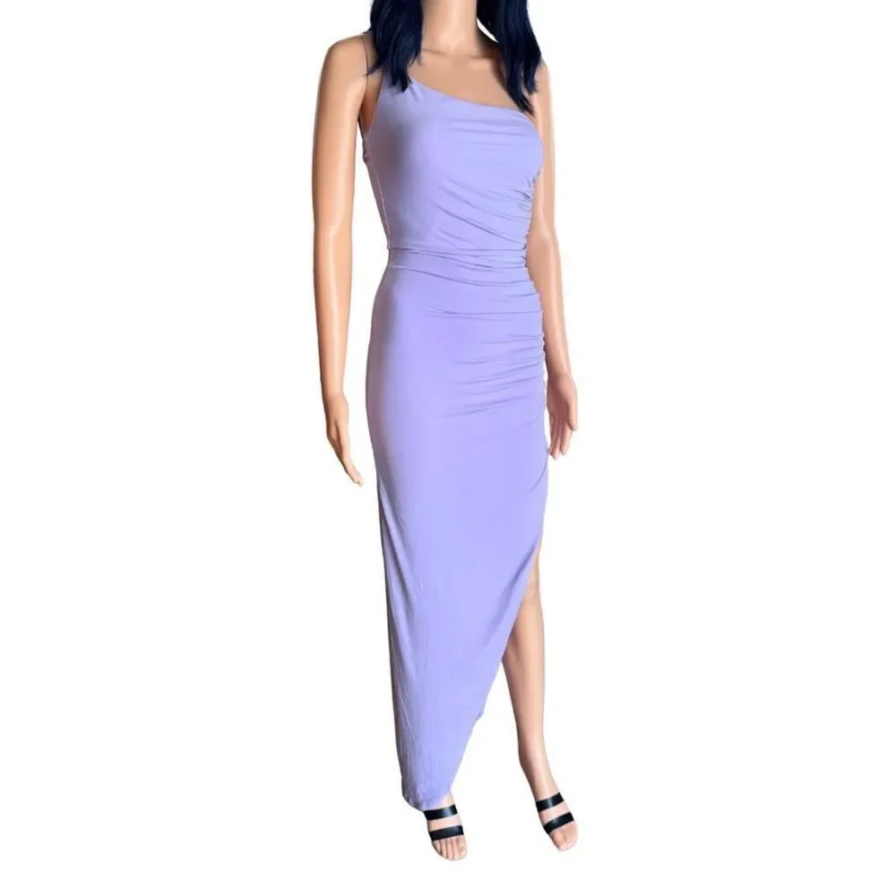 NWT Nookie Aria One Shoulder Gown Lilac Medium Ruched Slit Bodycon Maxi Revolve
